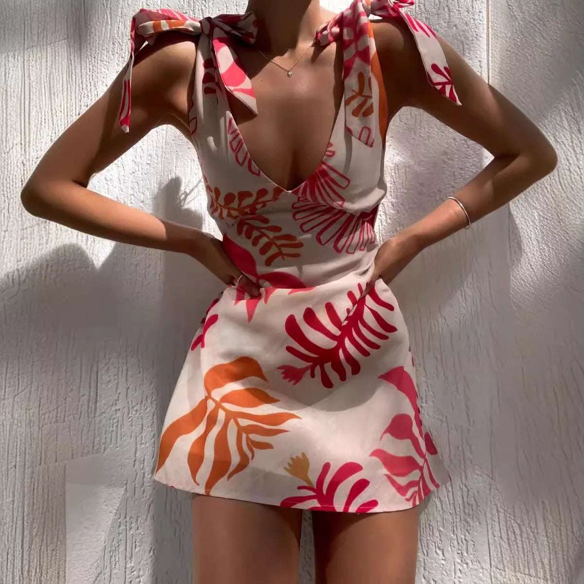 Women's V-Neck Leaf Print Strap Short Dress