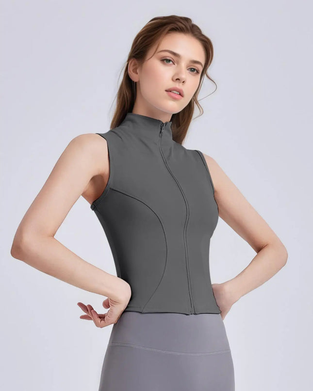 Women's Sleeveless Sports Vest with Thumb Hole Design and Zip-Up Closure