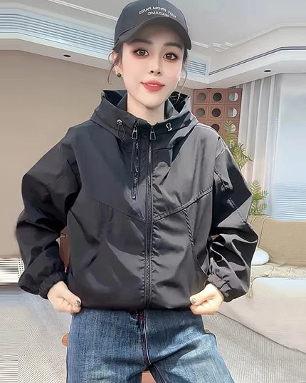 Women's Hooded Short Jacket with Double Zipper - Loose Fit