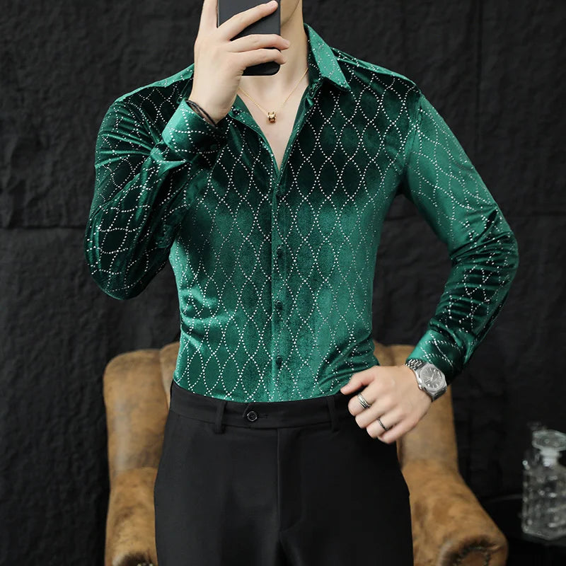 Luxury Velvet Men's Slim Fit Shirt with Grid Pattern