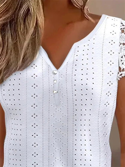 Women's Lace Patch Button-Up V-Neck Short Sleeve Blouse