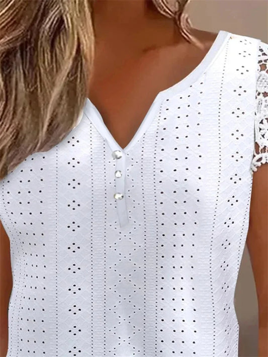 Women's Lace Patch Button-Up V-Neck Short Sleeve Blouse