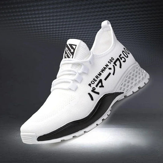 White running shoe with black sole on a dark background