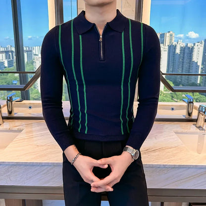 Men's Striped Zipper Collar Sweater with Flip Collar, Knitted Polo Style, Slim Fit