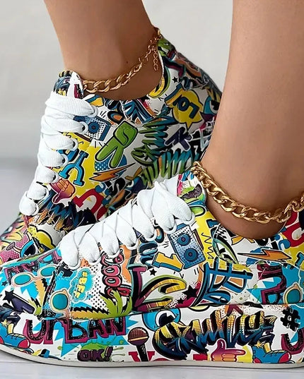 Women's Thick-Soled Sneakers with Graffiti Style