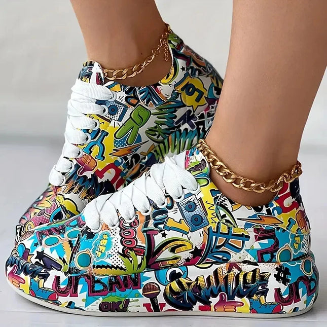Women's Thick-Soled Sneakers with Graffiti Style