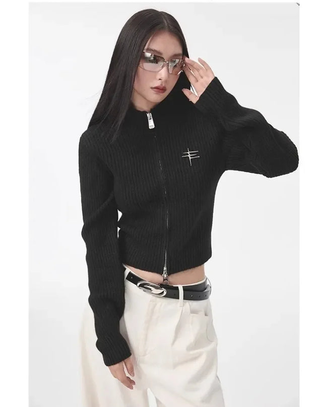 Women's Vintage Zipper Cardigan - Cropped Knit Sweater for Women