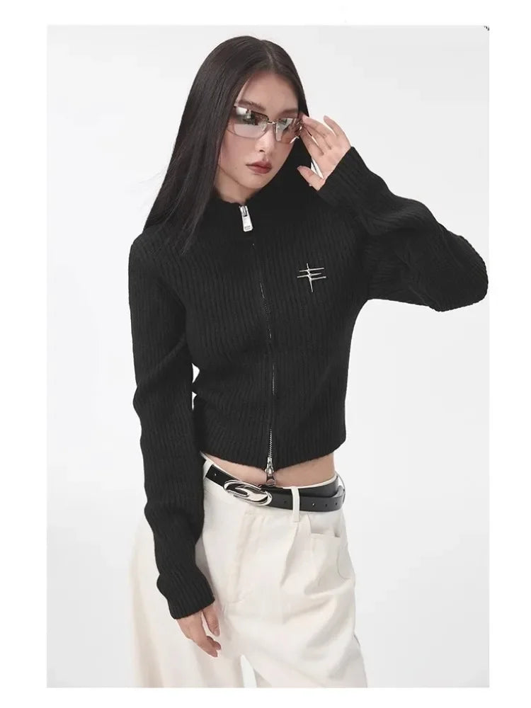 Women's Vintage Zipper Cardigan - Cropped Knit Sweater for Women