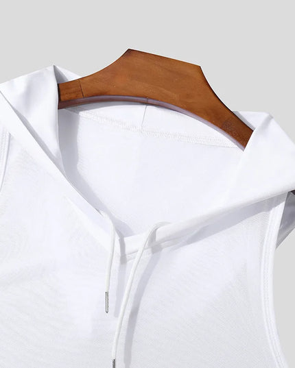 Men's Hooded Sport Tank Top with Transparent Design - Casual Drawstring Fitness Vest