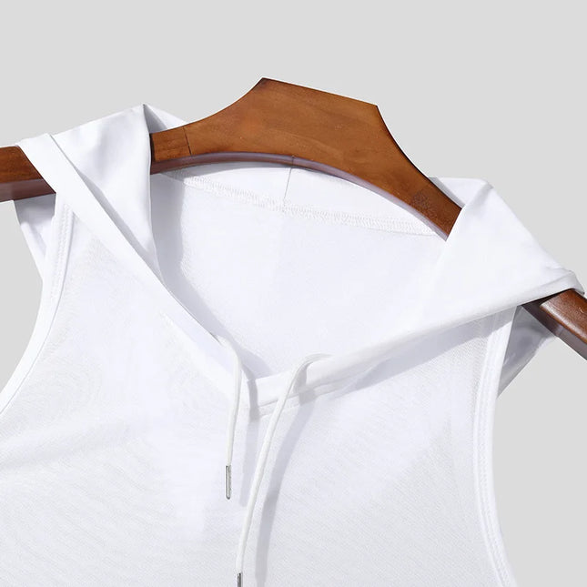 Men's Hooded Sport Tank Top with Transparent Design - Casual Drawstring Fitness Vest
