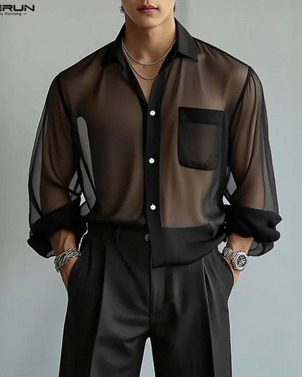 INCERUN Men's Chiffon Lapel Long Sleeve See-Through Loose Shirt