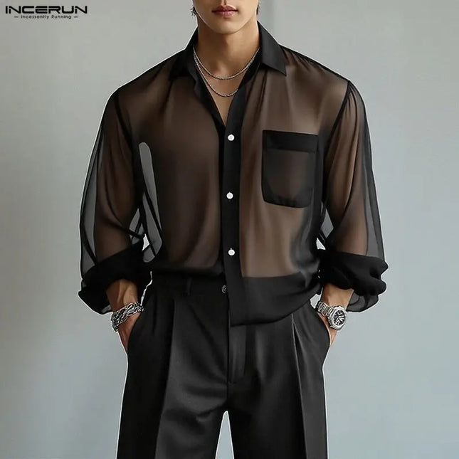 INCERUN Men's Chiffon Lapel Long Sleeve See-Through Loose Shirt