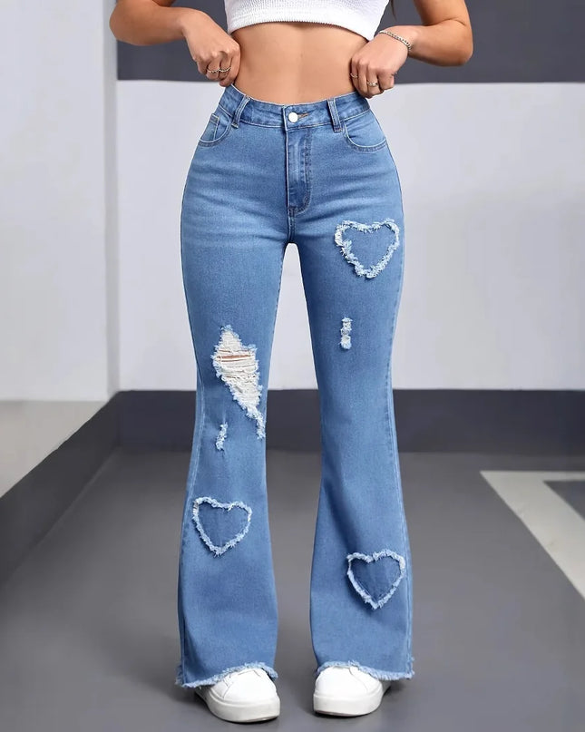 Women's Flared Pants - Hole Design, Boot Cut, Distressed, High Waist, Stretch