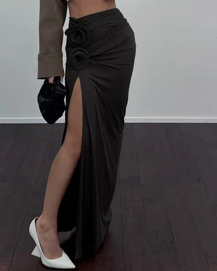 Ruched Maxi Skirts for Women with Floral Appliqué Trim