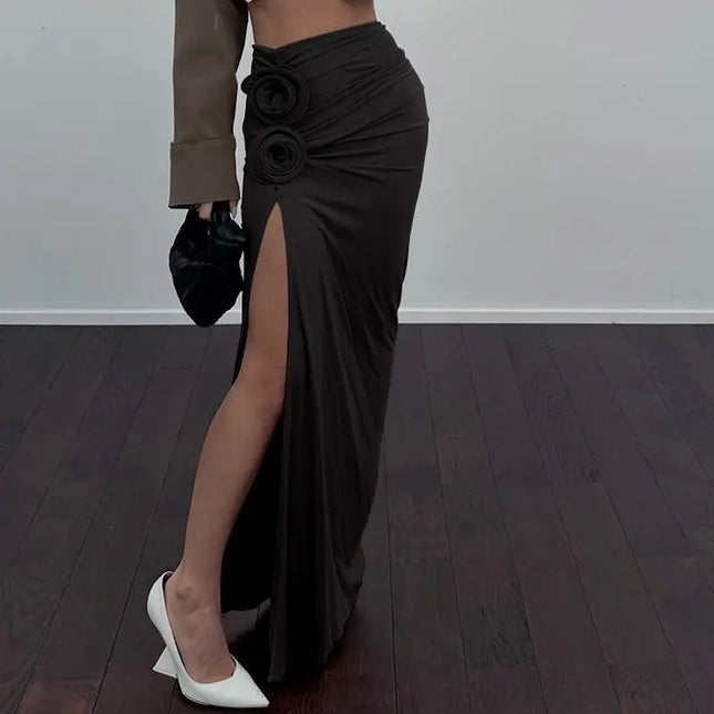 Ruched Maxi Skirts for Women with Floral Appliqué Trim