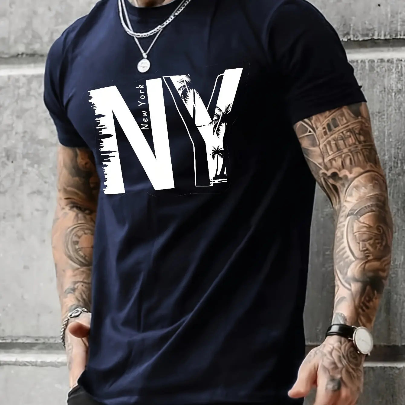 Men's 100% Cotton Casual T-Shirt with NY Letter Print