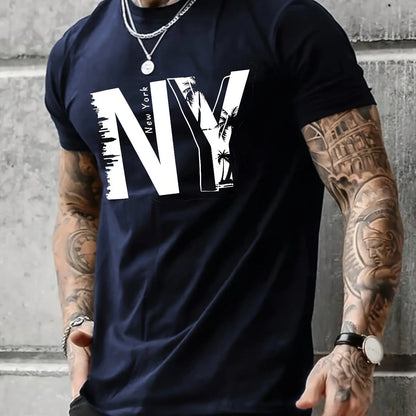 Men's 100% Cotton Casual T-Shirt with NY Letter Print