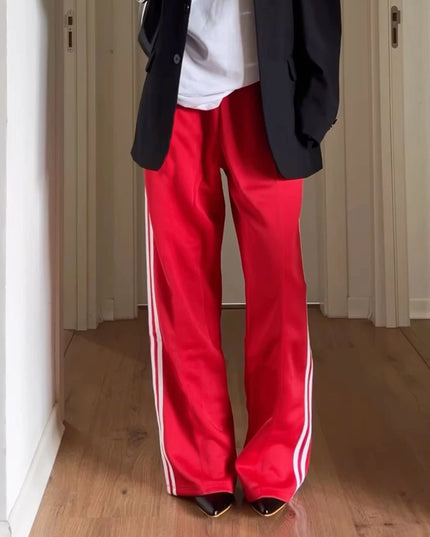 Women's Wide Leg Track Pants - Baggy Side Striped Sweatpants with Elastic Waistband