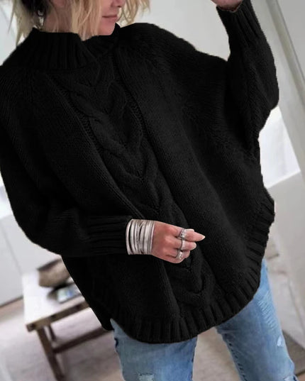 Women's Loose Fit Cable Knit Sweater - High Neck Pullover for Women