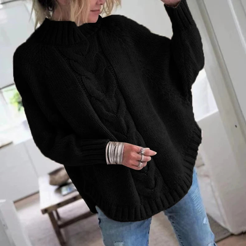 Women's Loose Fit Cable Knit Sweater - High Neck Pullover for Women