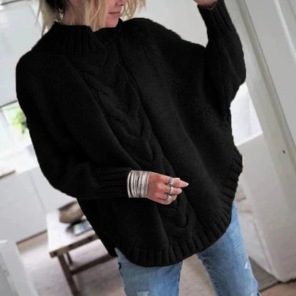 Women's Loose Fit Cable Knit Sweater - High Neck Pullover for Women