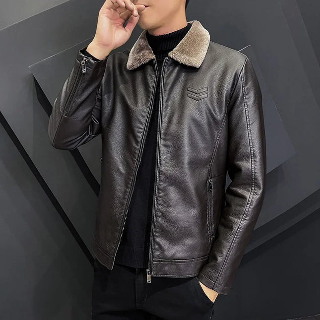 Men's Vintage Faux Leather Jacket with Faux Fur Collar - Various Colors
