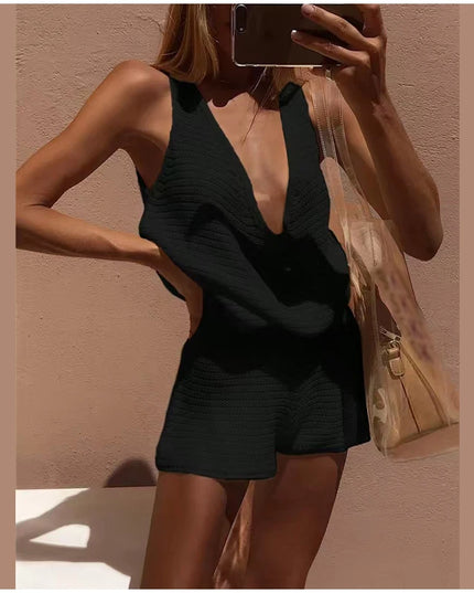 Knitted Women's Two-Piece Set with Deep V-Neck Sleeveless Loose Vest and Lace-Up Short