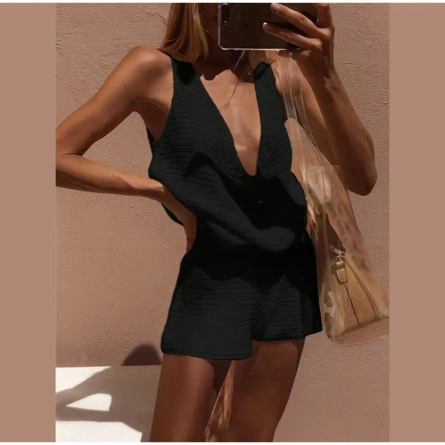 Knitted Women's Two-Piece Set with Deep V-Neck Sleeveless Loose Vest and Lace-Up Short