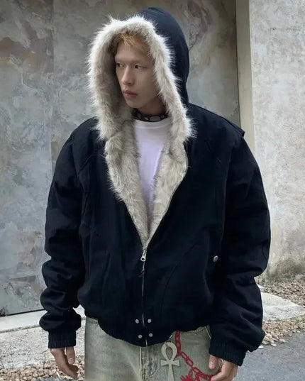 Unisex Wool-Blend Hooded Cotton Jacket with Plush Collar, Thick and Oversized