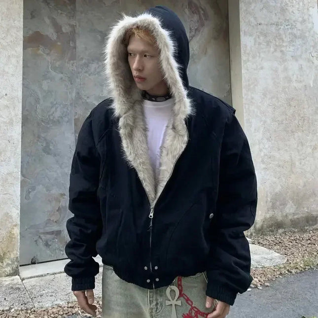 Unisex Wool-Blend Hooded Cotton Jacket with Plush Collar, Thick and Oversized
