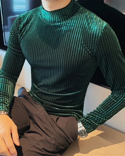 Men's Slim Fit Long Sleeve Stripe Sweater with Half Turtleneck