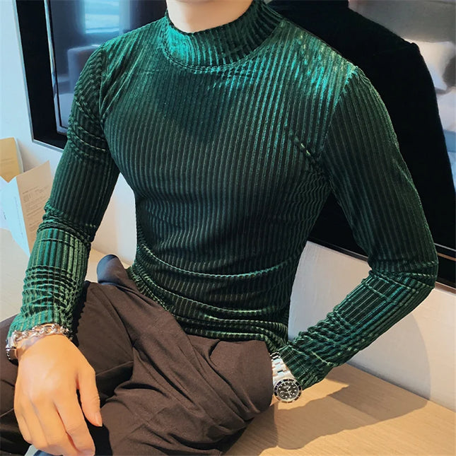 Men's Slim Fit Long Sleeve Stripe Sweater with Half Turtleneck