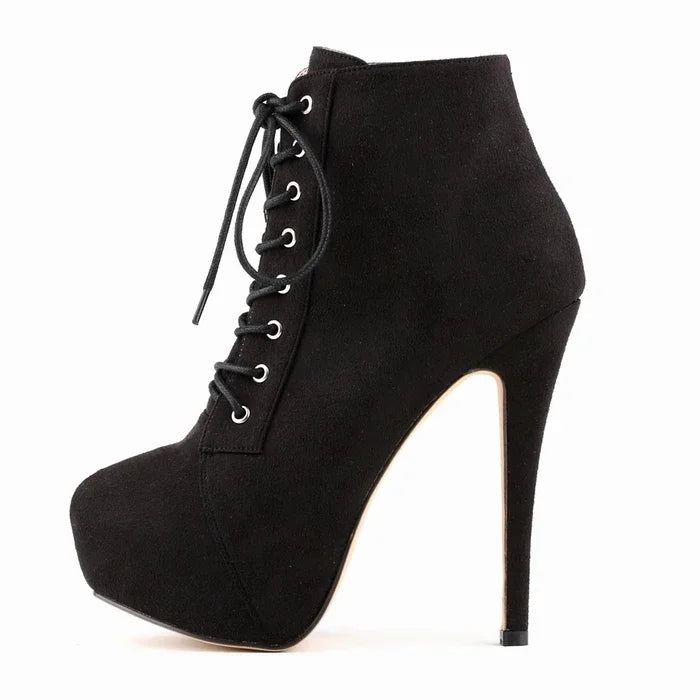 Women's Platform Boots with Side Zipper - High Heels With Lace-Up Design