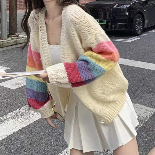Rainbow-Striped Knitted Women's Cardigan with Button Closure