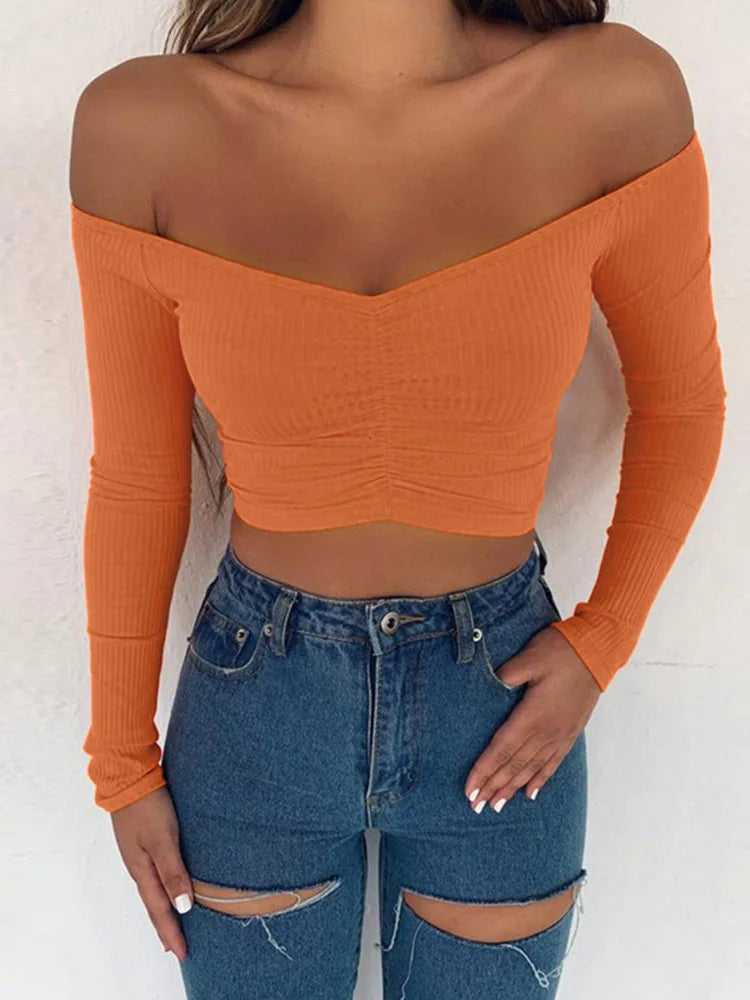 Women's Off-Shoulder Long Sleeve Cropped Top
