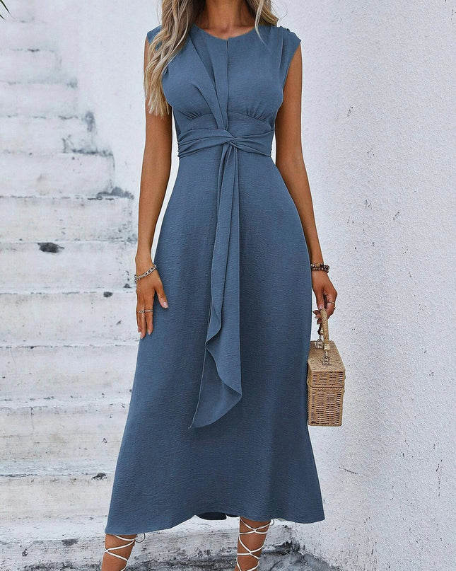 Women's Elegant Belted Midi Dress with Thin Front Straps
