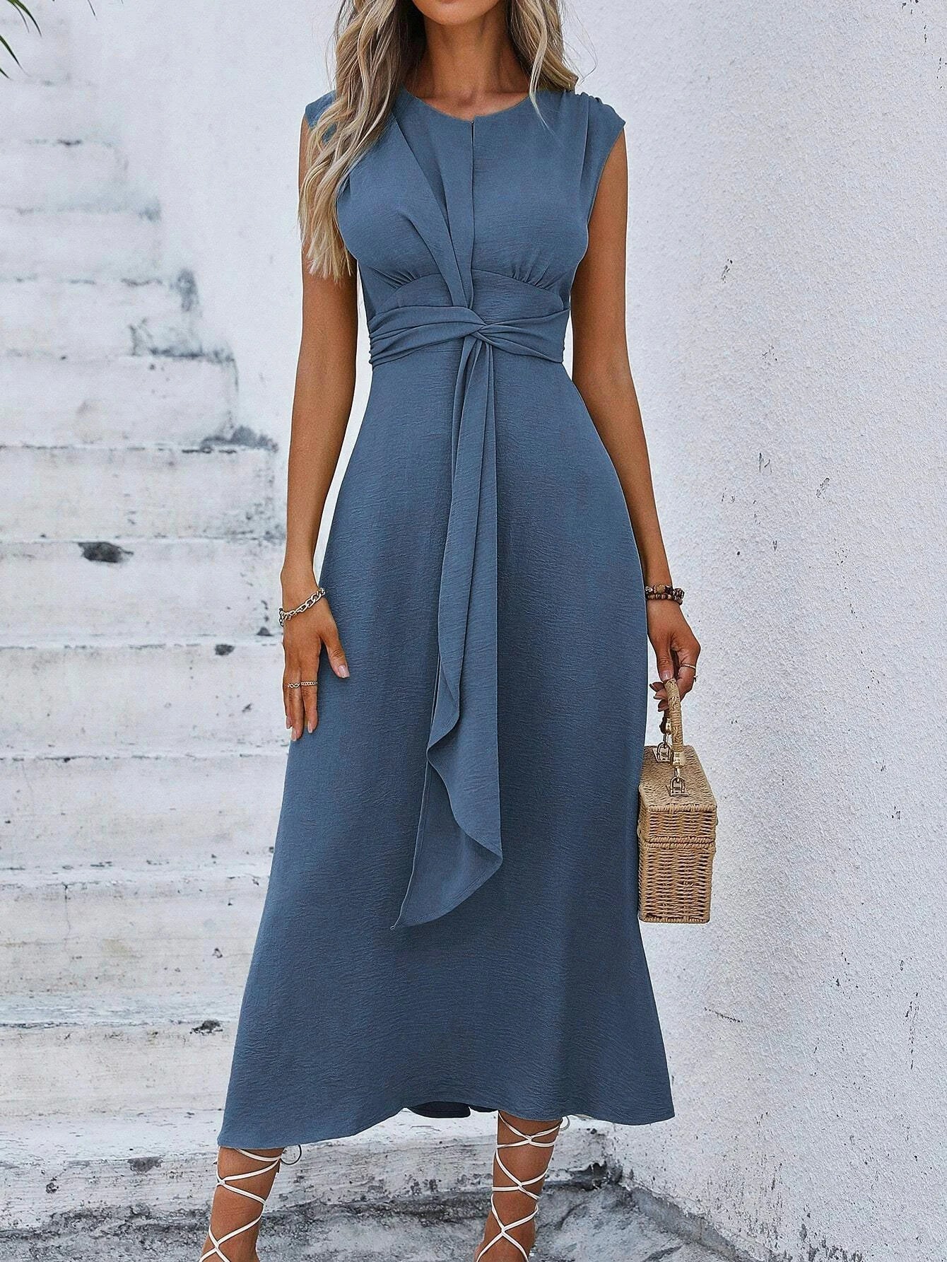 Women's Elegant Belted Midi Dress with Thin Front Straps