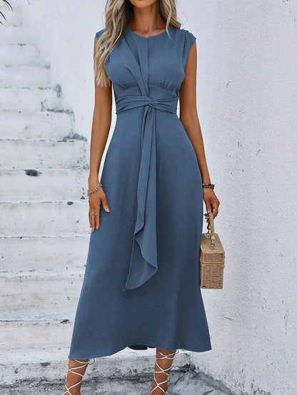 Women's Elegant Belted Midi Dress with Thin Front Straps
