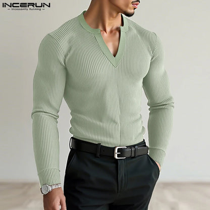 Incerun Men’s V-Neck Long Sleeve Knit Sweater – Stylish Warmth, Casual & Classic Fit