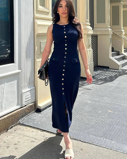 Women's Knit Ribbed Maxi Dress with High Waist, Slim Fit, and Pockets