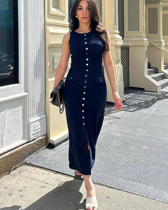 Women's Knit Ribbed Maxi Dress with High Waist, Slim Fit, and Pockets