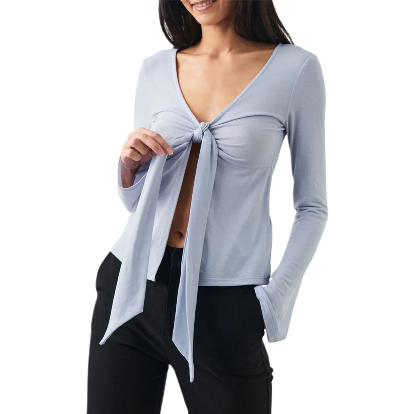 Women's Long Sleeve V-Neck Tie-Front Blouse
