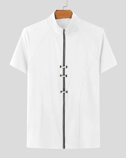 INCERUN Men's Slim Fit T-Shirt with Metal Buckle Detail & Zipper