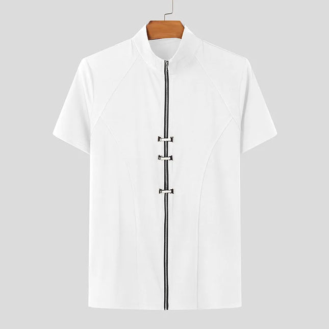 INCERUN Men's Slim Fit T-Shirt with Metal Buckle Detail & Zipper