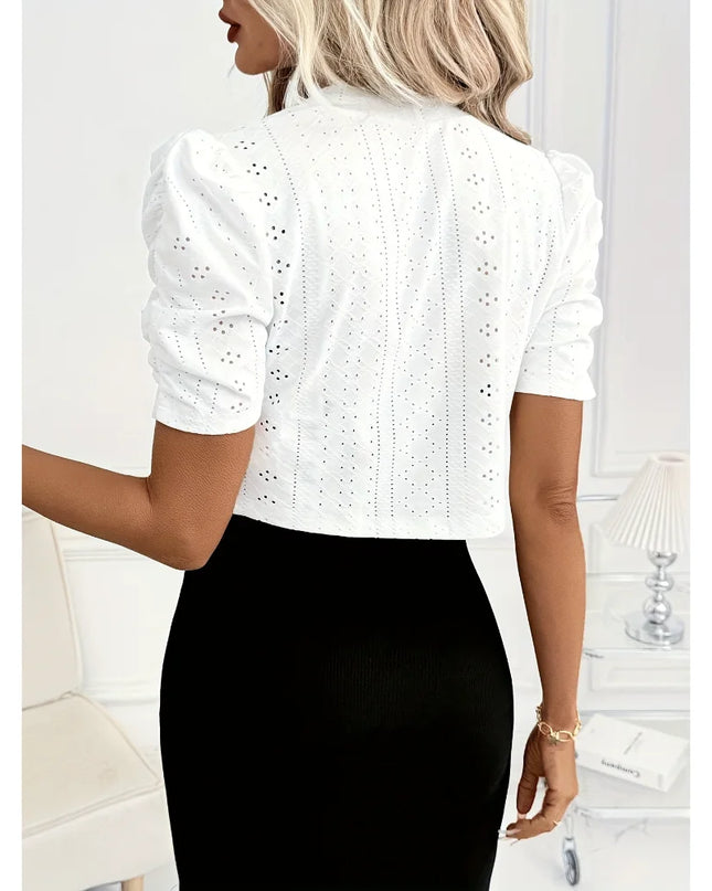 Women's Short Puff Sleeve Shrug Bolero Cardigan with Open Stitch, Cropped Hollow-Out Knitted Design