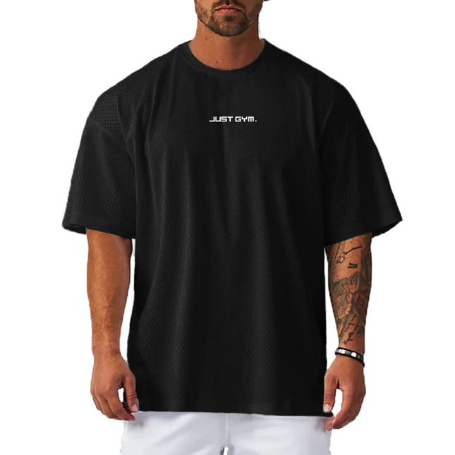 Men's Mesh Breathable "Just Gym" Print Quick-Dry Oversized Loose Fit T-Shirt