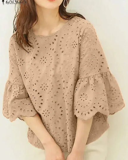 ZANZEA Women's Casual Loose Blouse with Hollow Out Lace Crochet Embroidery