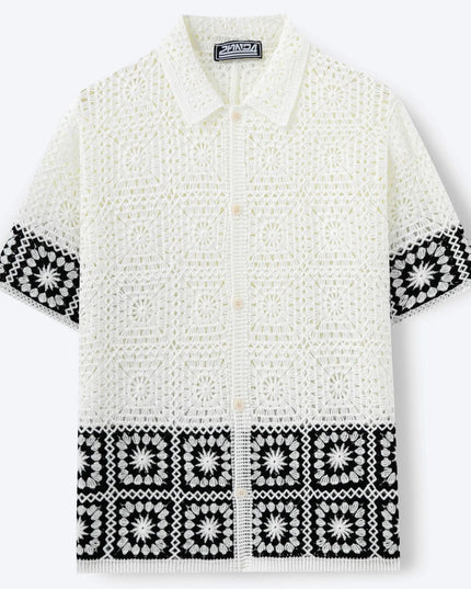 Men's Crochet Short Sleeve Casual Button-Down Shirt