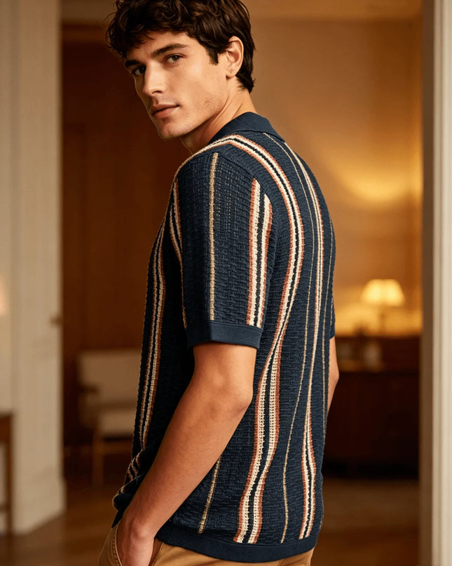 Men's Retro Style Striped Knit Polo Shirt - Casual Classic