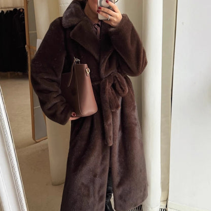 Women's Long Faux Fur Coat - Maxi Overcoat with Lace-Up Turn-Down Collar